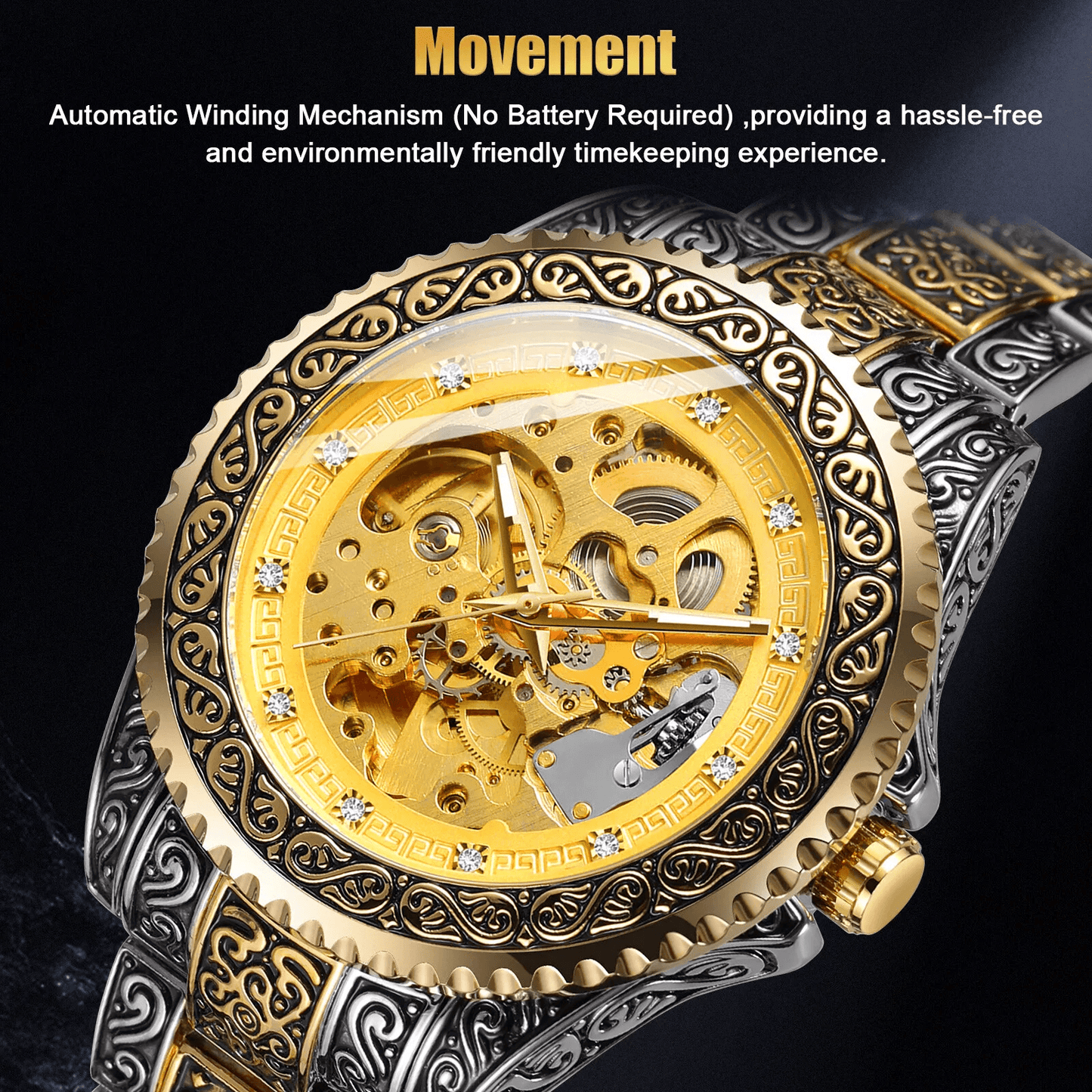 Luxury Men Stainless Steel Automatic Mechanical Wrist Watch Gold Skeleton Dial SelfWinding Waterpro 1