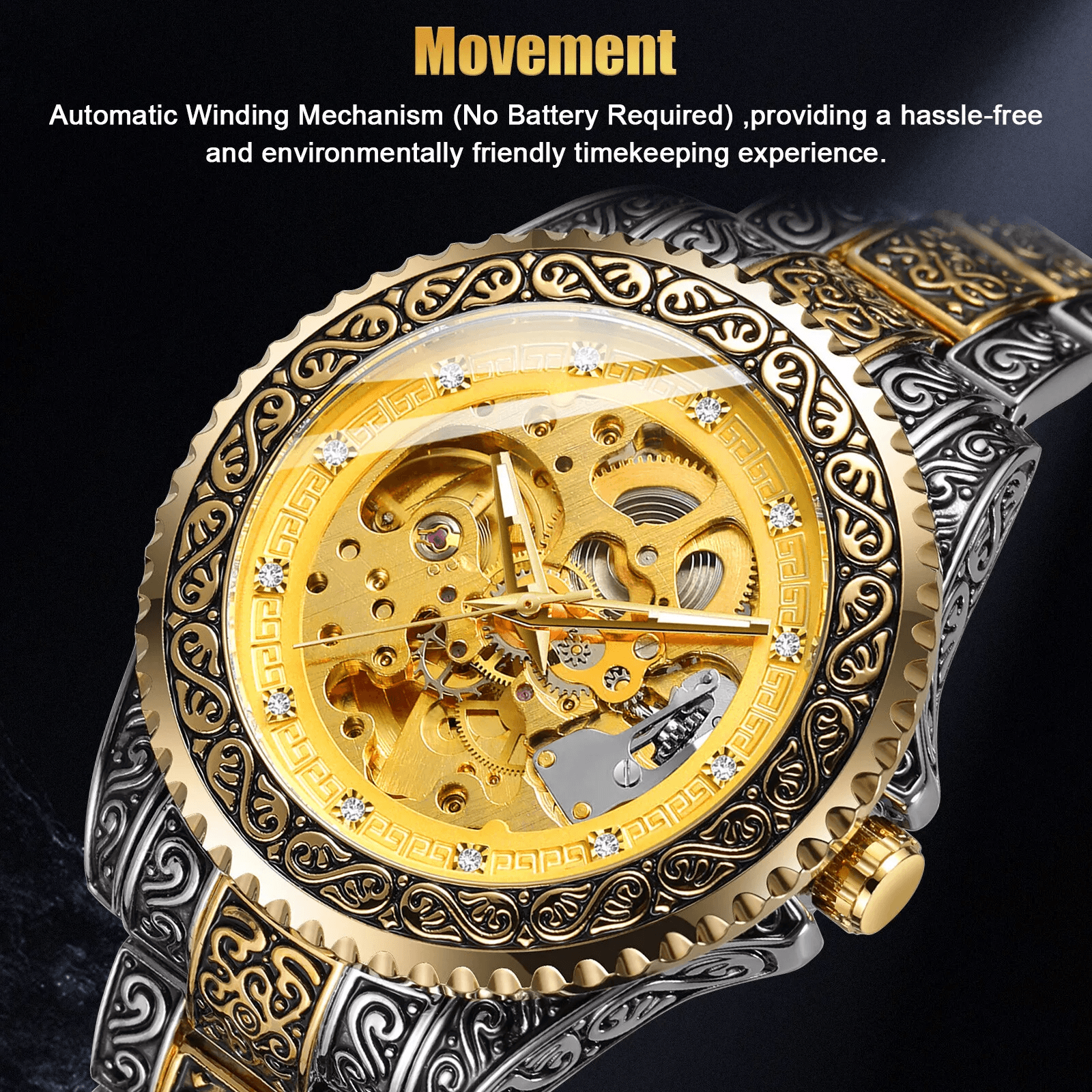Luxury Men Stainless Steel Automatic Mechanical Wrist Watch Gold Skeleton Dial SelfWinding Waterpro 1