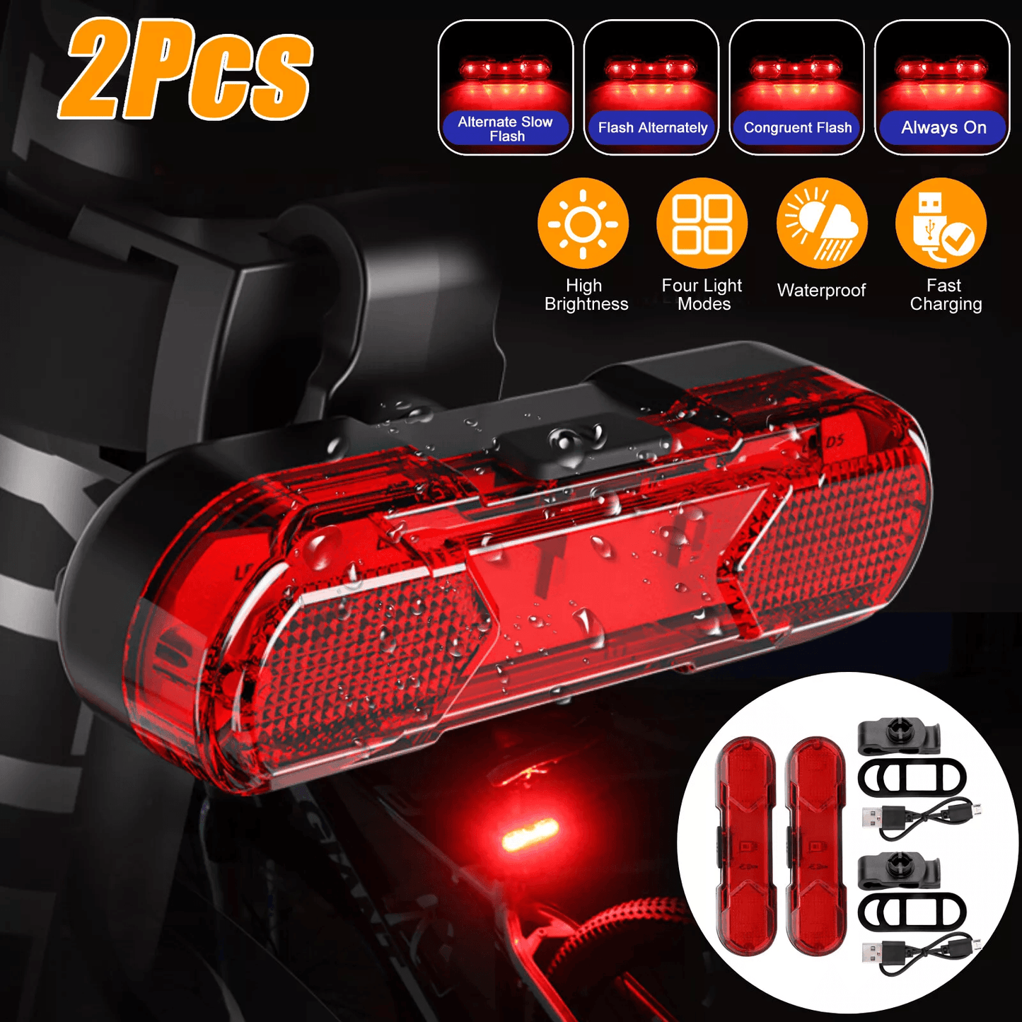 USB Rechargeable LED Bike Tail Light, Rear Safety Warning Cycling Lamp Set