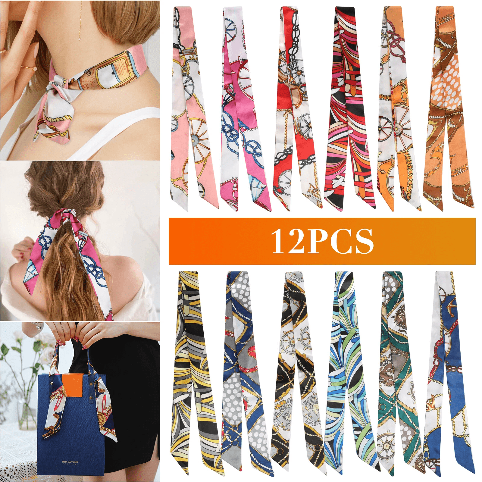Women Satin Silk Scarf Ribbon Set, Neck Hair Wraps, Bag Handle Ties