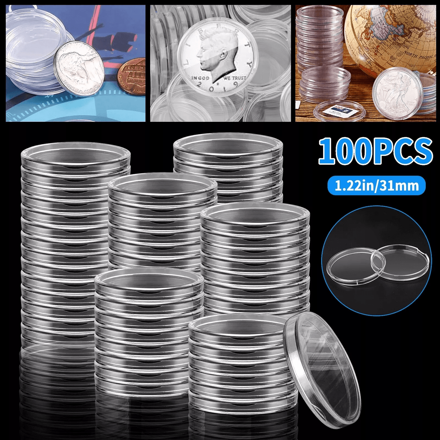 100X Coin Capsules Holder 31mm Clear Storage Case for US JFK Half Dollar, Quarter, Coin Collection Display Box