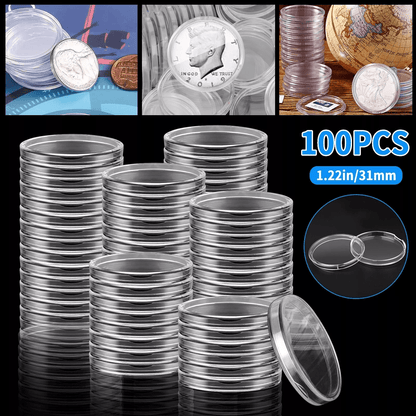 100X Coin Capsules Holder 31mm Clear Storage Case for US JFK Half Dollar, Quarter, Coin Collection Display Box