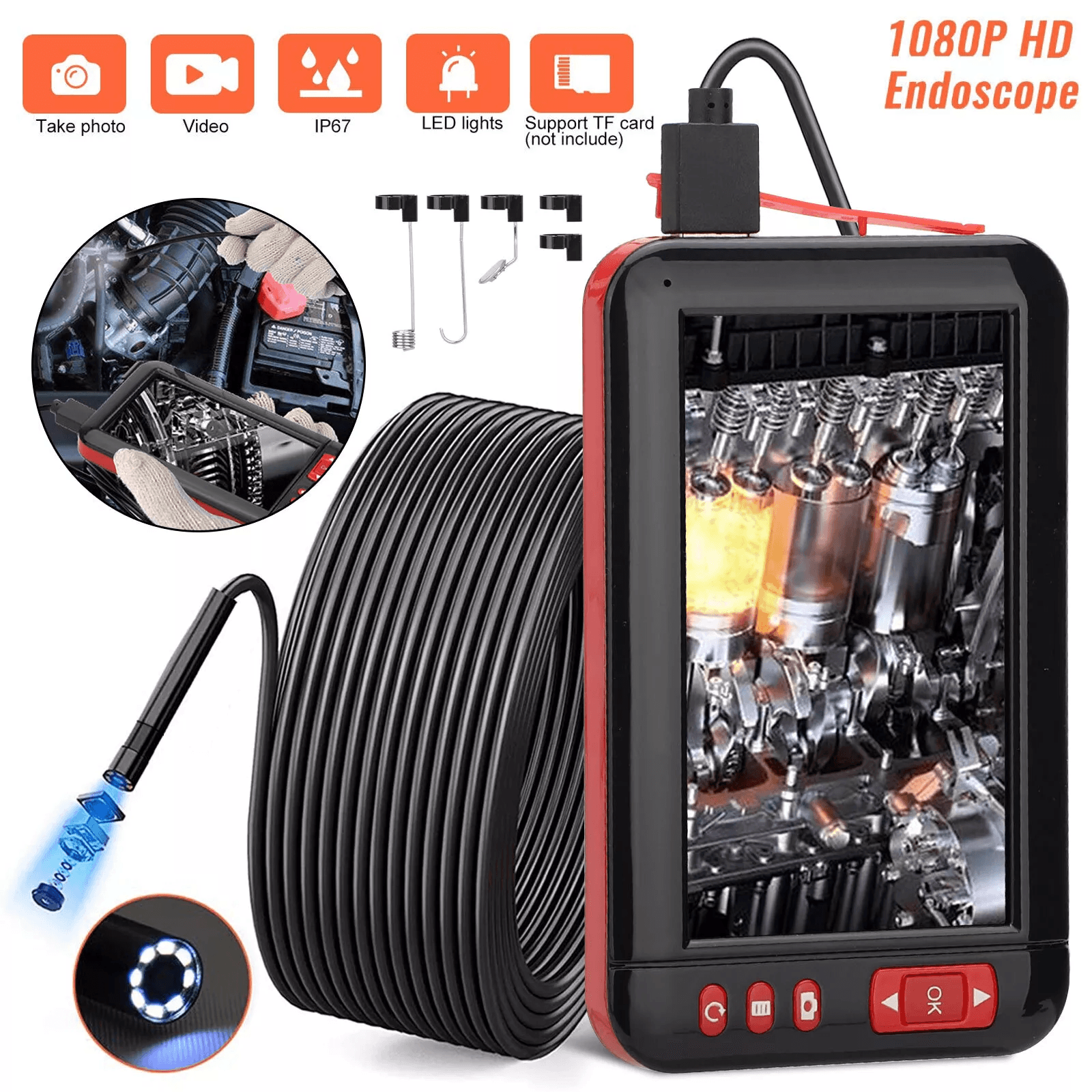 4.3inch HD LED Industrial Endoscope Borescope 1080P Inspection Camera with 8mm Waterproof , LED Lights, Flexible Cable