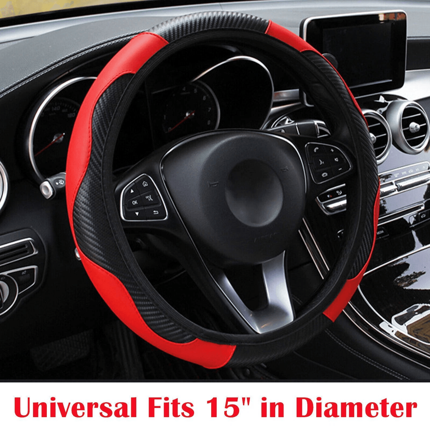 Universal Leather Car Steering Wheel Cover, Anti-Slip Accessories Black, Fit for Standard Wheels, Premium Microfiber