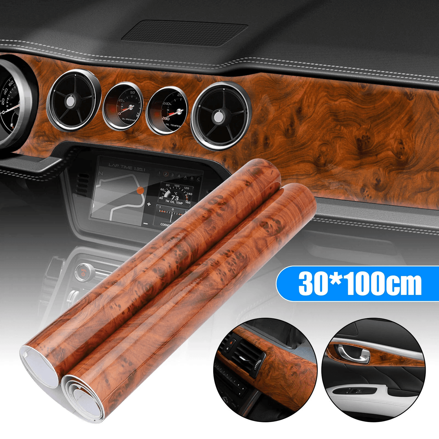 Car Interior Wood Grain Textured Glossy Wrap Sticker Decal Sheet Dashboard Door Console Cover Waterproof Self-Adhesive