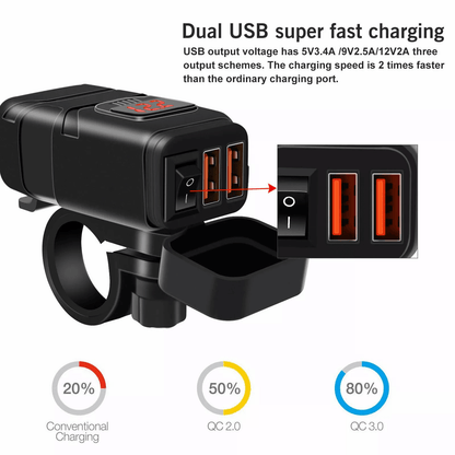 Motorcycle USB Charger Quick Charge Dual USB Port Waterproof Phone GPS Charger With Voltmeter Switc 3