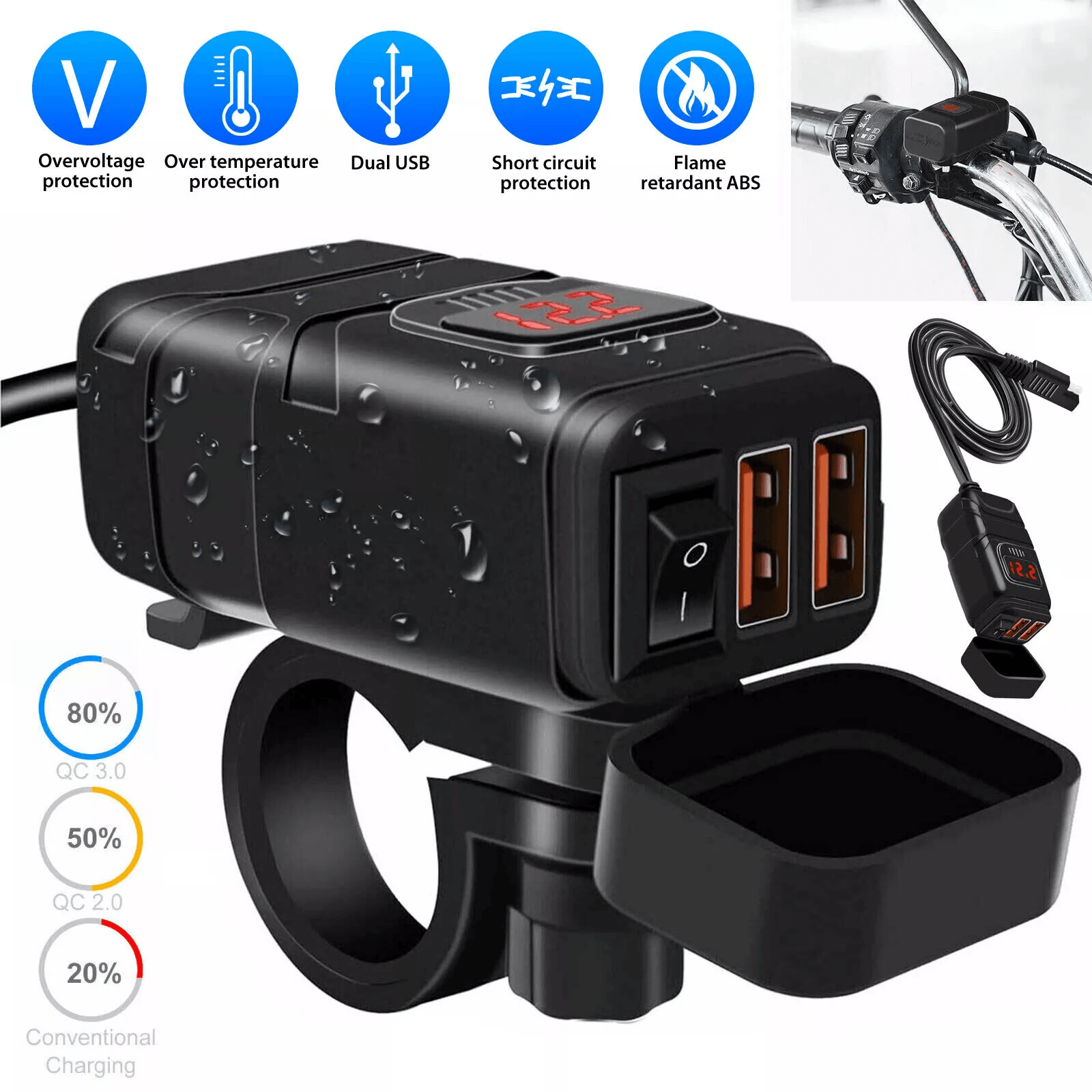 Motorcycle USB Charger Quick Charge Dual USB Port Waterproof Phone GPS Charger with Voltmeter Switch for Scooter Boat