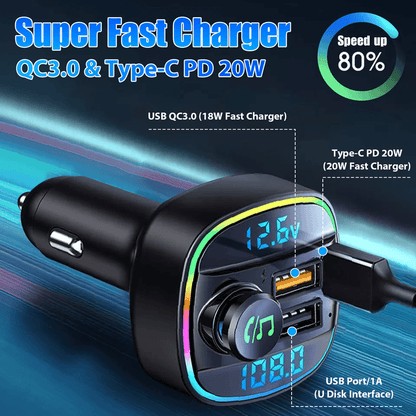 Bluetooth Car Wireless FM Transmitter Adapter With USB PD Charger AUX  HandsFree Calling 7Color LED 6