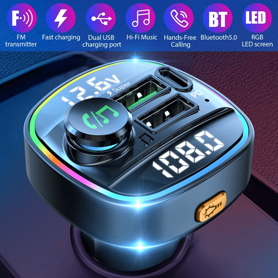 Bluetooth Car Wireless FM Transmitter Adapter with USB PD Charger, AUX & Hands-Free Calling, 7-Color LED, LCD Display