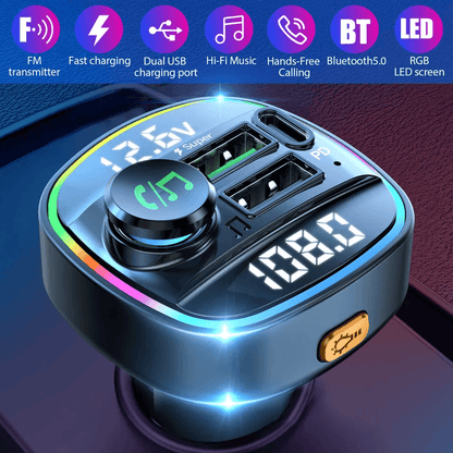 Bluetooth Car Wireless FM Transmitter Adapter with USB PD Charger, AUX & Hands-Free Calling, 7-Color LED, LCD Display