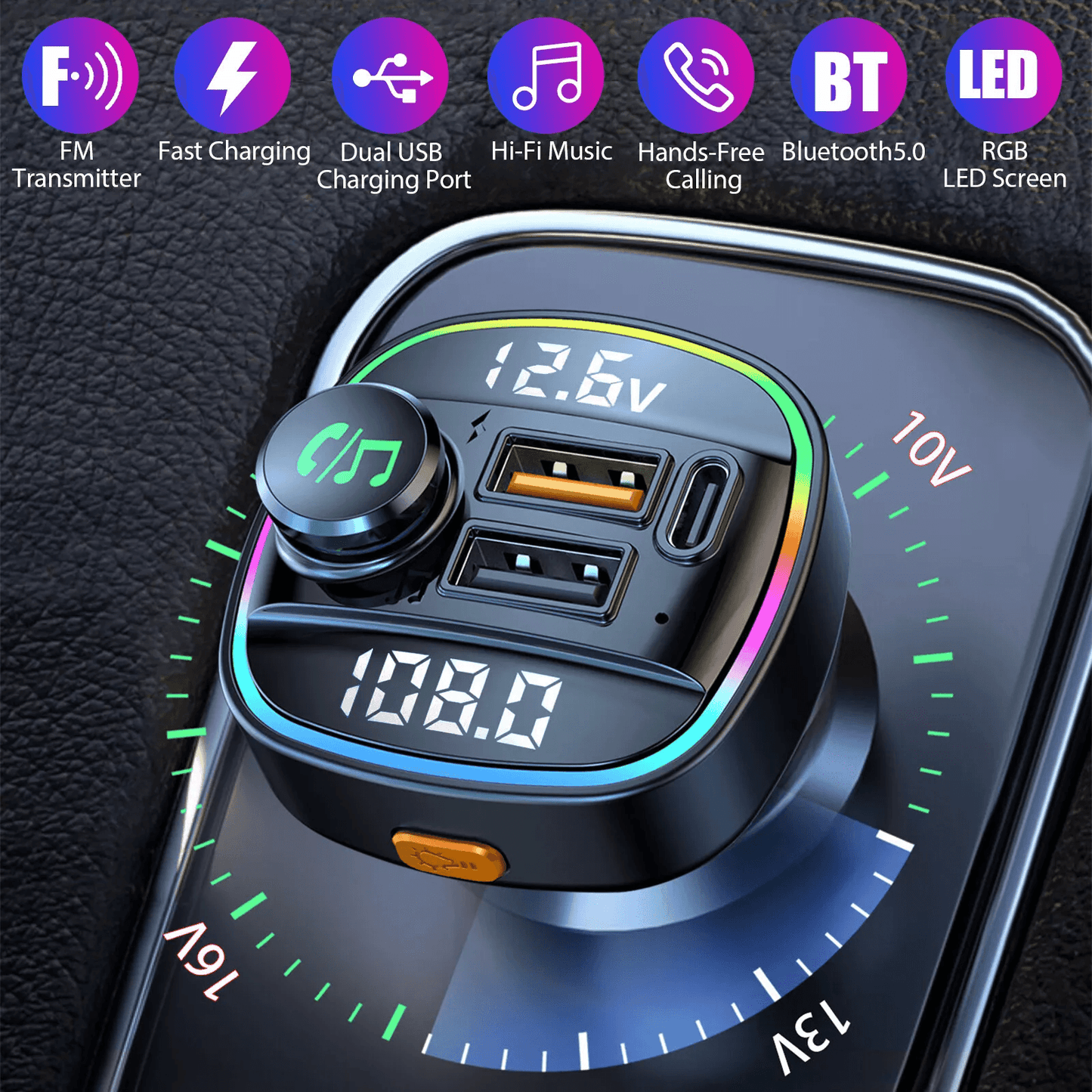 Bluetooth Car Wireless FM Transmitter Adapter With USB PD Charger AUX  HandsFree Calling 7Color LED 1