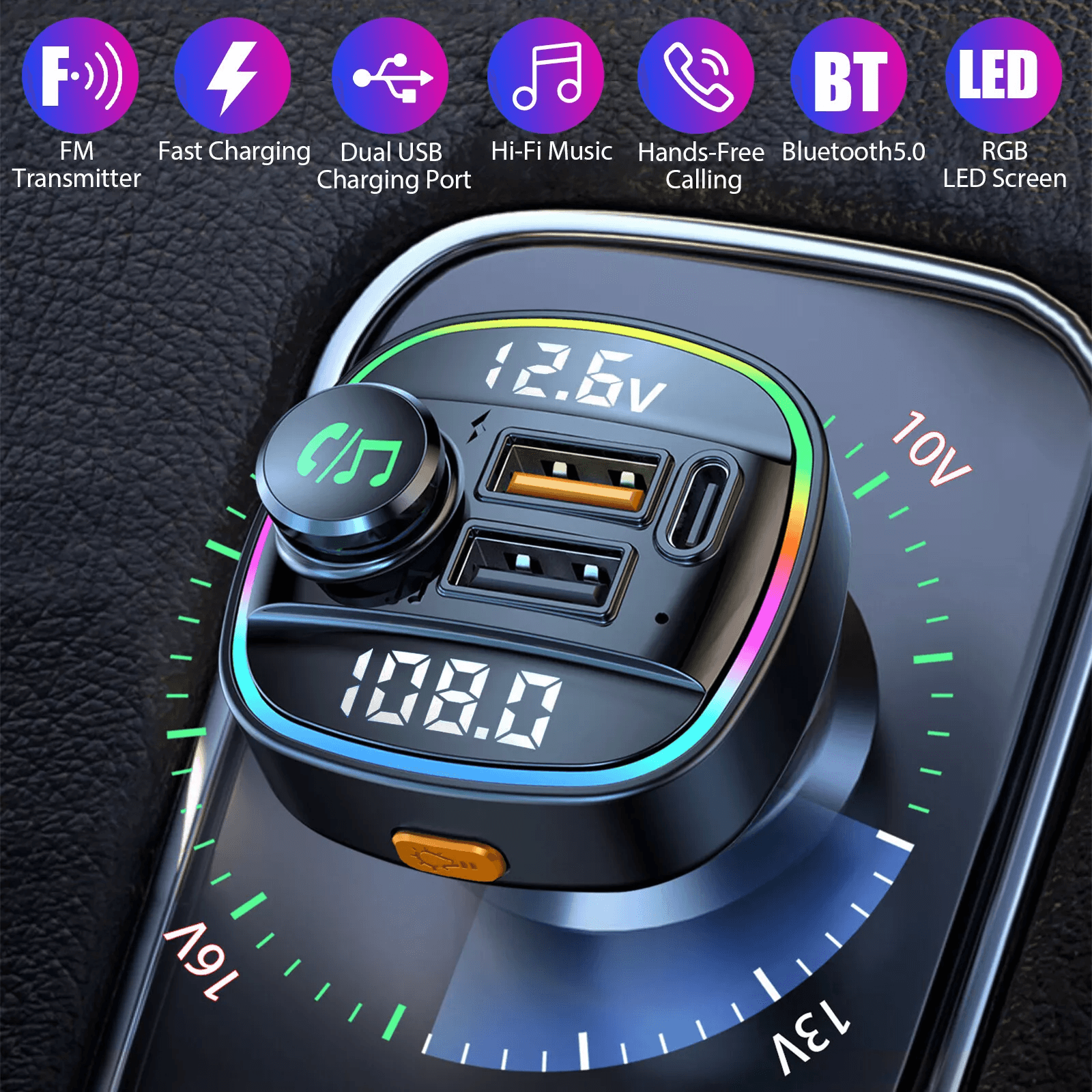 Bluetooth Car Wireless FM Transmitter Adapter With USB PD Charger AUX  HandsFree Calling 7Color LED 1