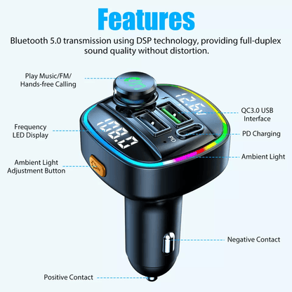 Bluetooth Car Wireless FM Transmitter Adapter With USB PD Charger AUX  HandsFree Calling 7Color LED 7