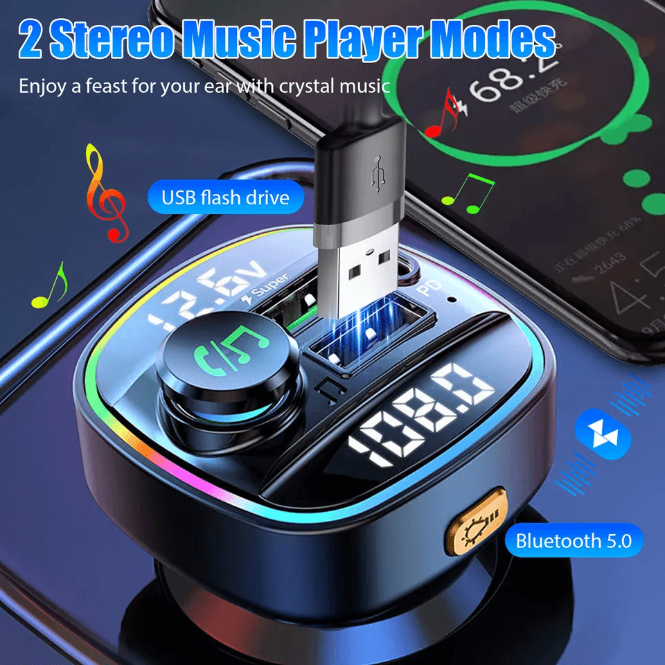 Bluetooth Car Wireless FM Transmitter Adapter With USB PD Charger AUX  HandsFree Calling 7Color LED 3