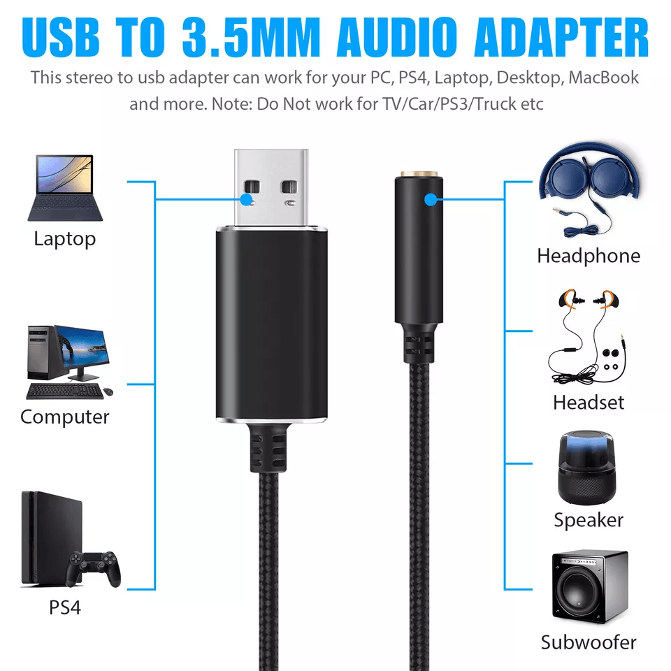 Universal USB To Aux Audio Adapter For PC PS4 MacBook  Laptop Headphone Jack Cable With Microphone  5