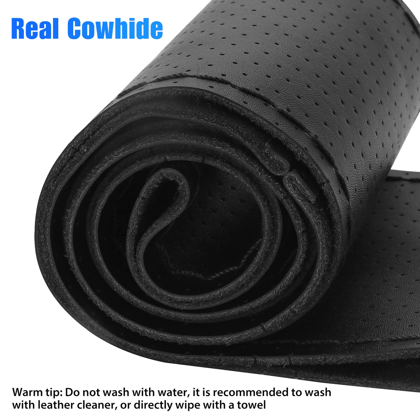 Genuine Leather DIY Car Steering Wheel Cover Antislip HandStitched Wrap Black Universal Interior Ac 1