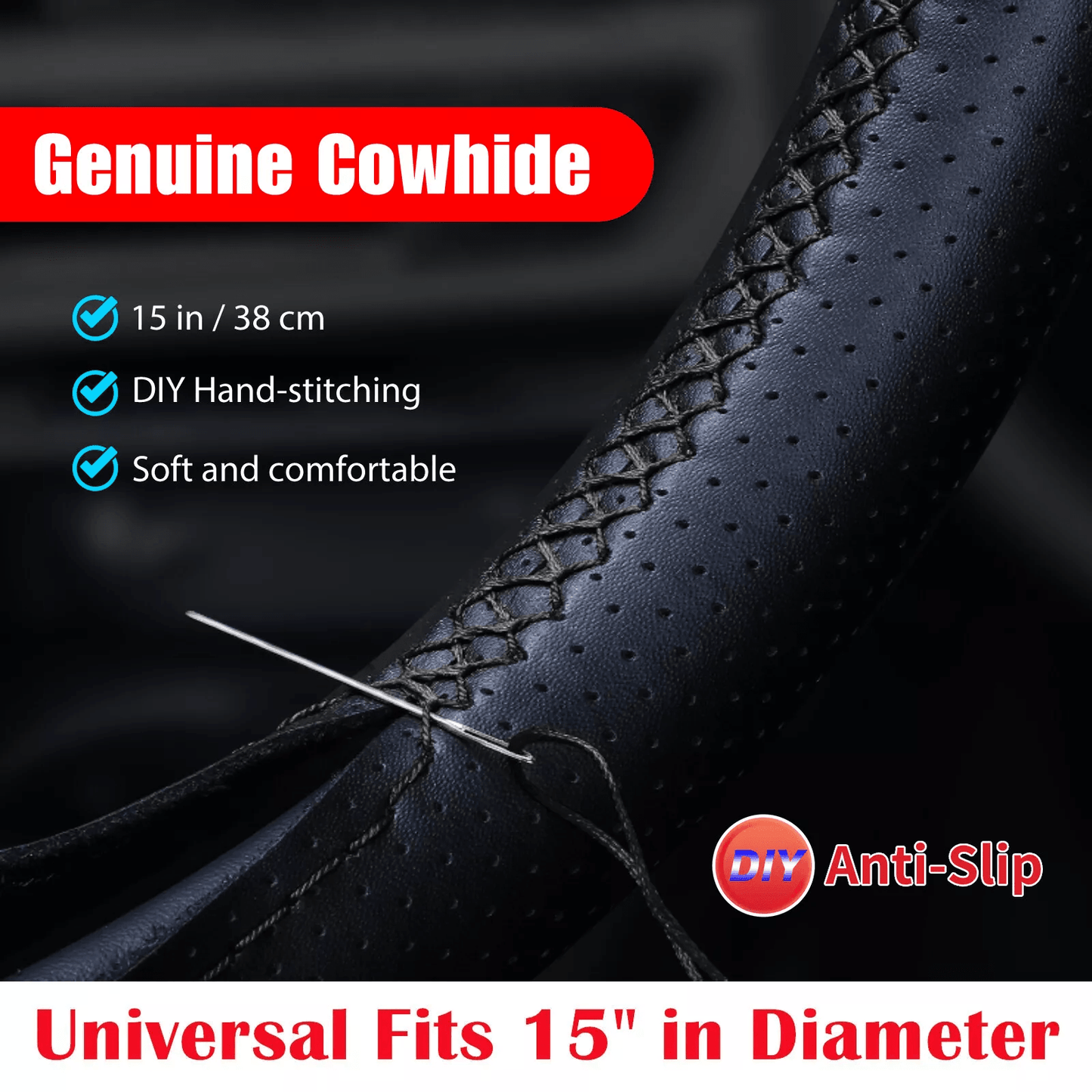 Genuine Leather DIY Car Steering Wheel Cover Anti-slip Hand-Stitched Wrap Black Universal Interior Accessories