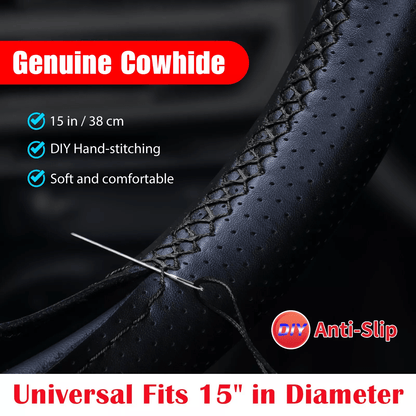 Genuine Leather DIY Car Steering Wheel Cover Anti-slip Hand-Stitched Wrap Black Universal Interior Accessories