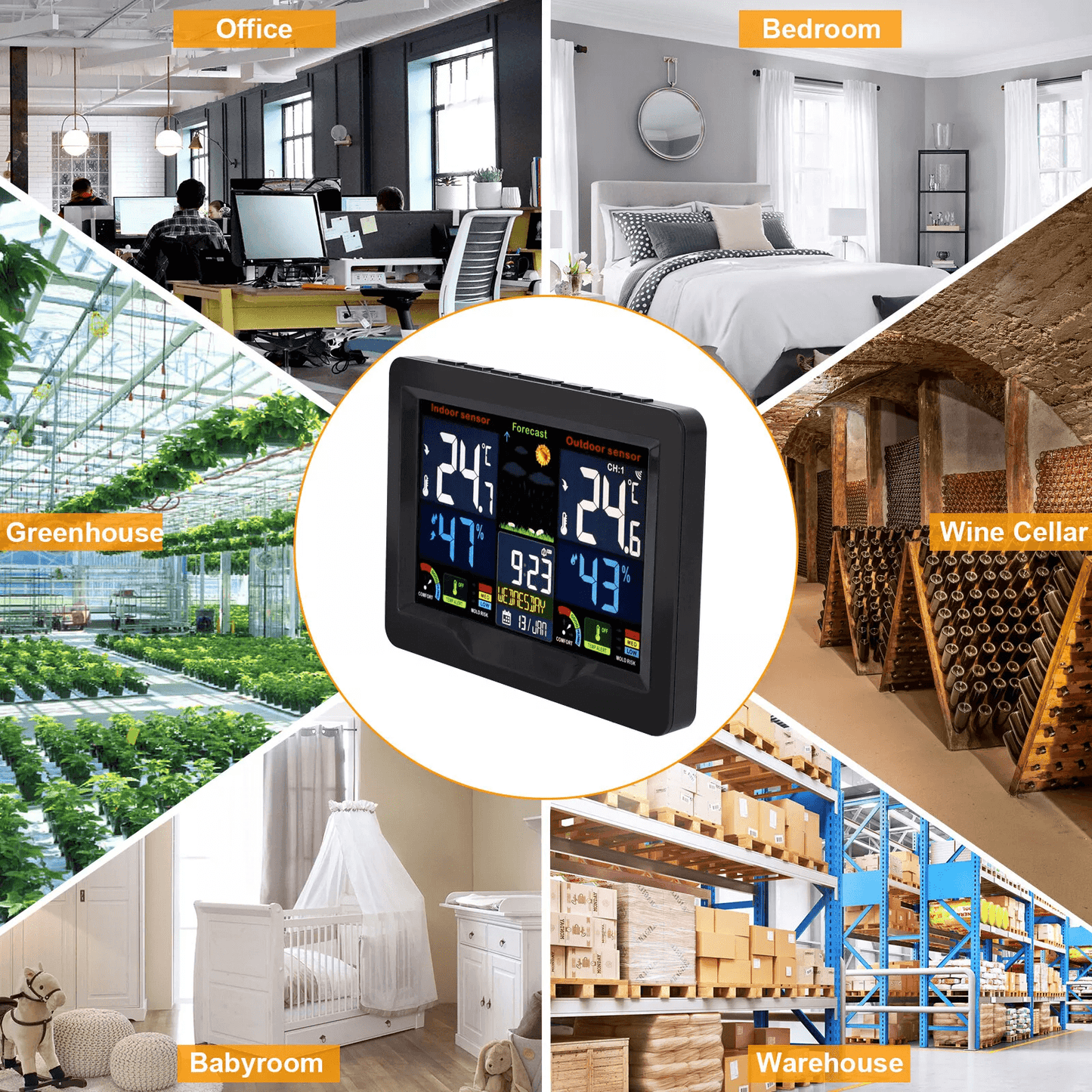 Digital LCD Indoor  Outdoor Weather Station Alarm Clock Thermometer Wireless With Color Display Hum 5