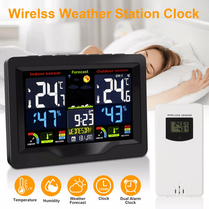 Digital LCD Indoor & Outdoor Weather Station Alarm Clock Thermometer Wireless with Color Display, Humidity Monitor