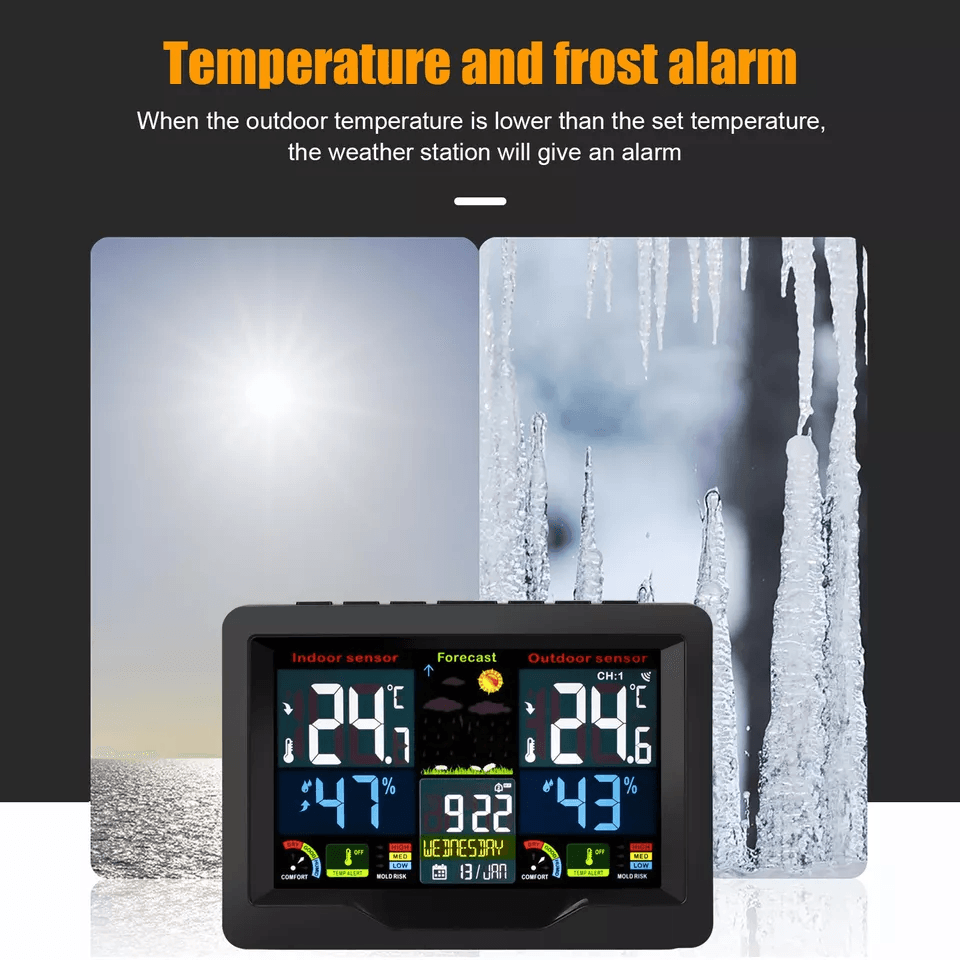 Digital LCD Indoor  Outdoor Weather Station Alarm Clock Thermometer Wireless With Color Display Hum 6
