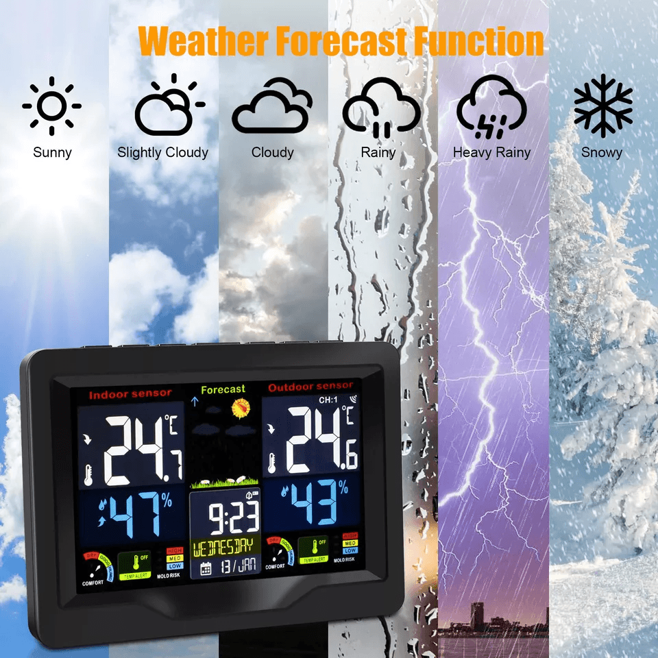 Digital LCD Indoor  Outdoor Weather Station Alarm Clock Thermometer Wireless With Color Display Hum 3