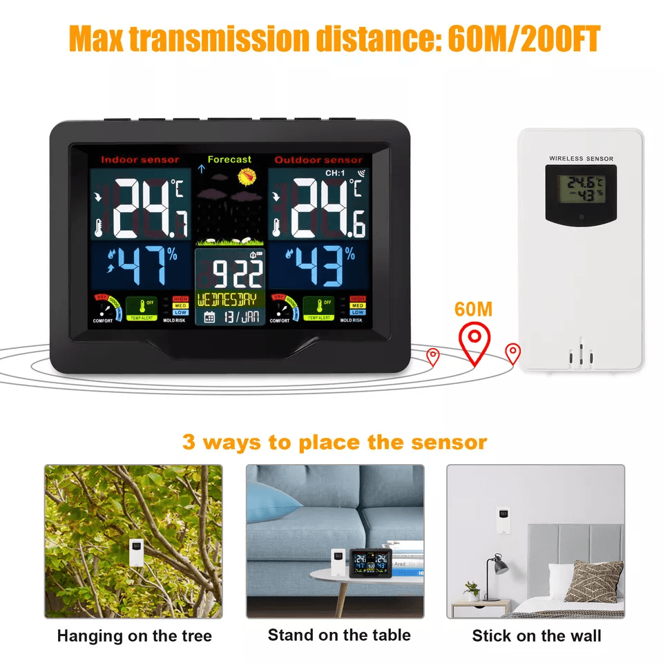 Digital LCD Indoor  Outdoor Weather Station Alarm Clock Thermometer Wireless With Color Display Hum 4