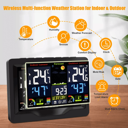 Digital LCD Indoor  Outdoor Weather Station Alarm Clock Thermometer Wireless With Color Display Hum 1
