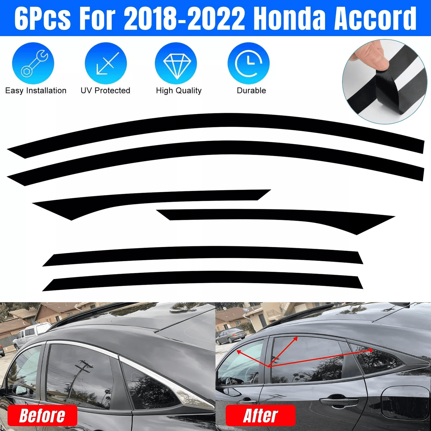 Chrome Delete Blackout Window Trims for Honda Accord Sedan, Gloss Black Finish