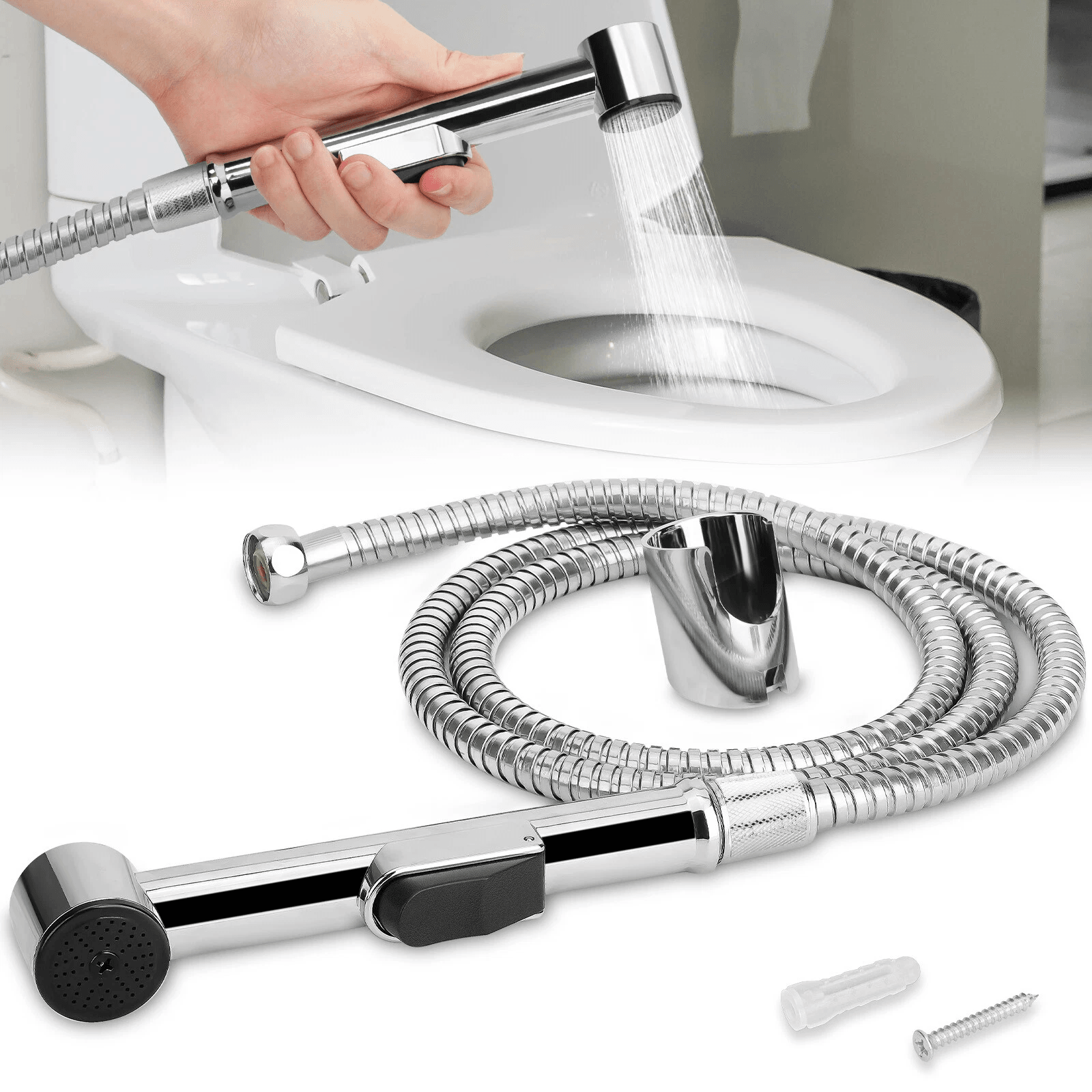 Hand Held Toilet Bidet Sprayer Bathroom Shower Water Spray Head w/ Hose Part, Stainless Steel Handheld Jet for Toilet