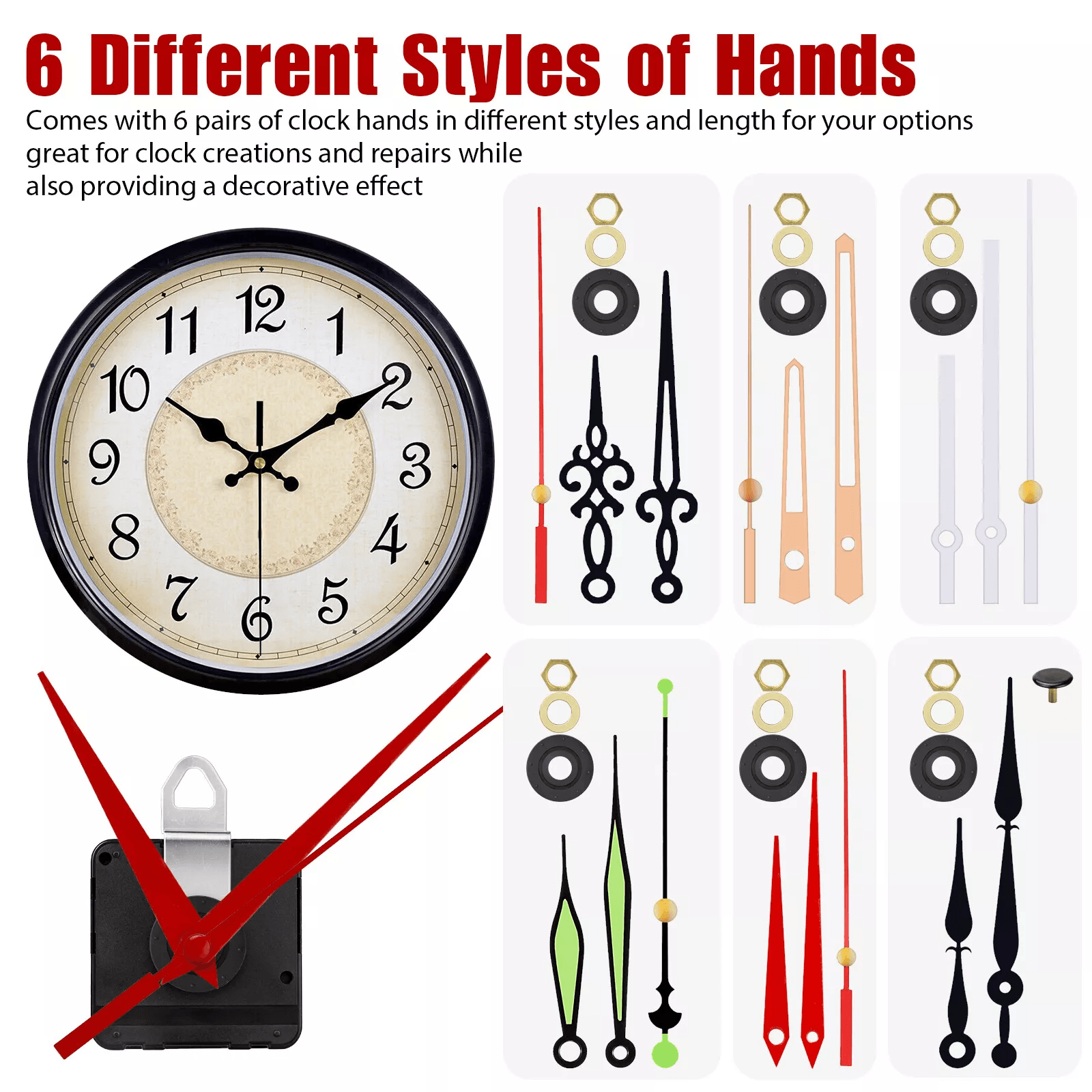 6Pcs DIY Wall Quartz Clock Movement Mechanism Kit Silent Sweep Replacement Parts With 6 Hand For Cl 1