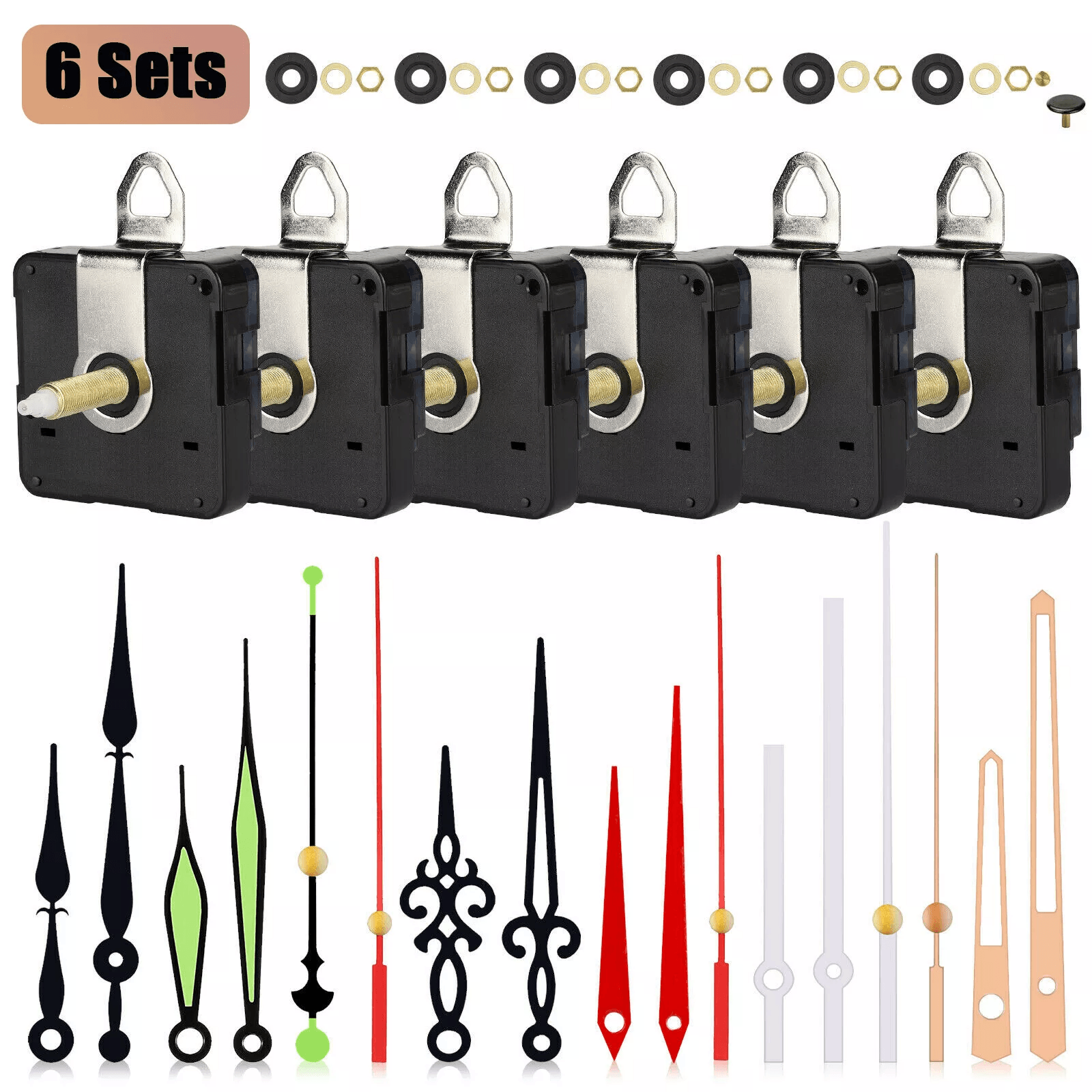 6Pcs DIY Wall Quartz Clock Movement Mechanism Kit Silent Sweep Replacement Parts with 6 Hand for Clock Repair and Custom