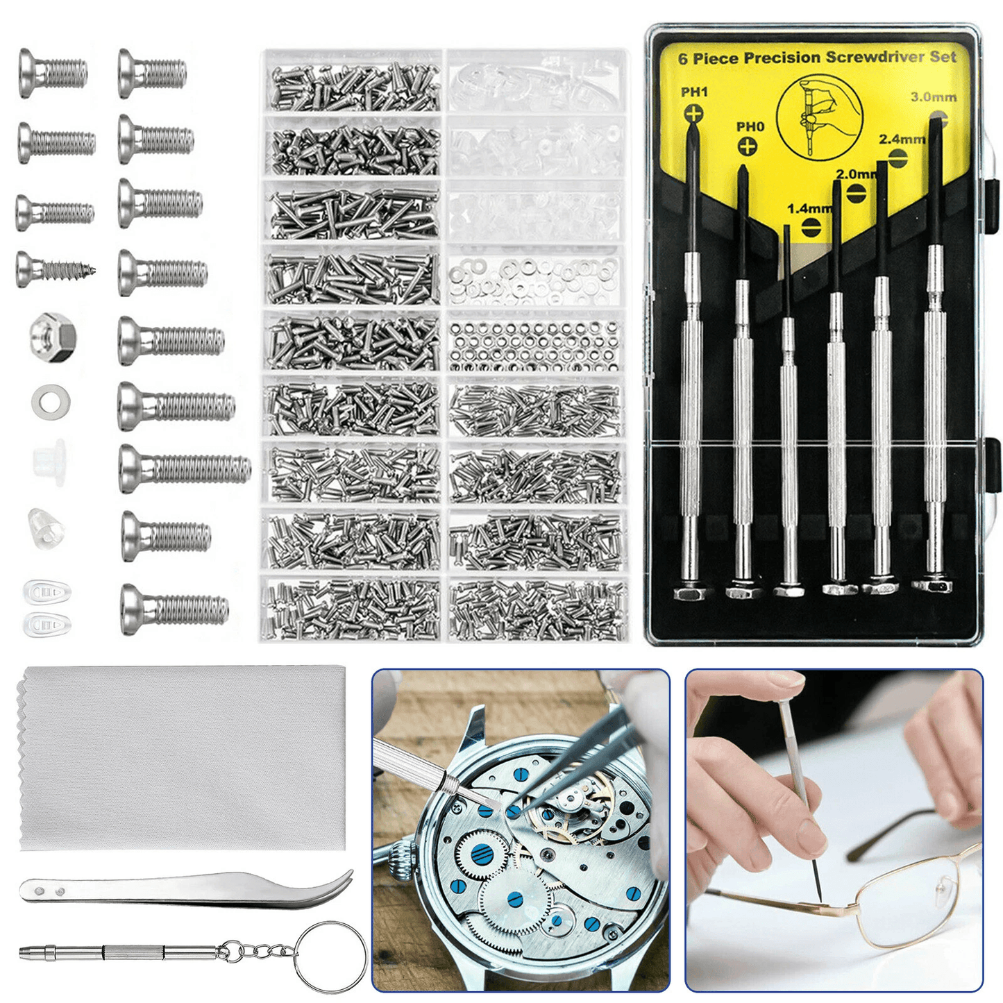 Durable Eye Glasses Watch Repair Tool Kit, Screw Nose Pad Optical Assortment Kits Set with Screwdrivers, Tweezers Tools
