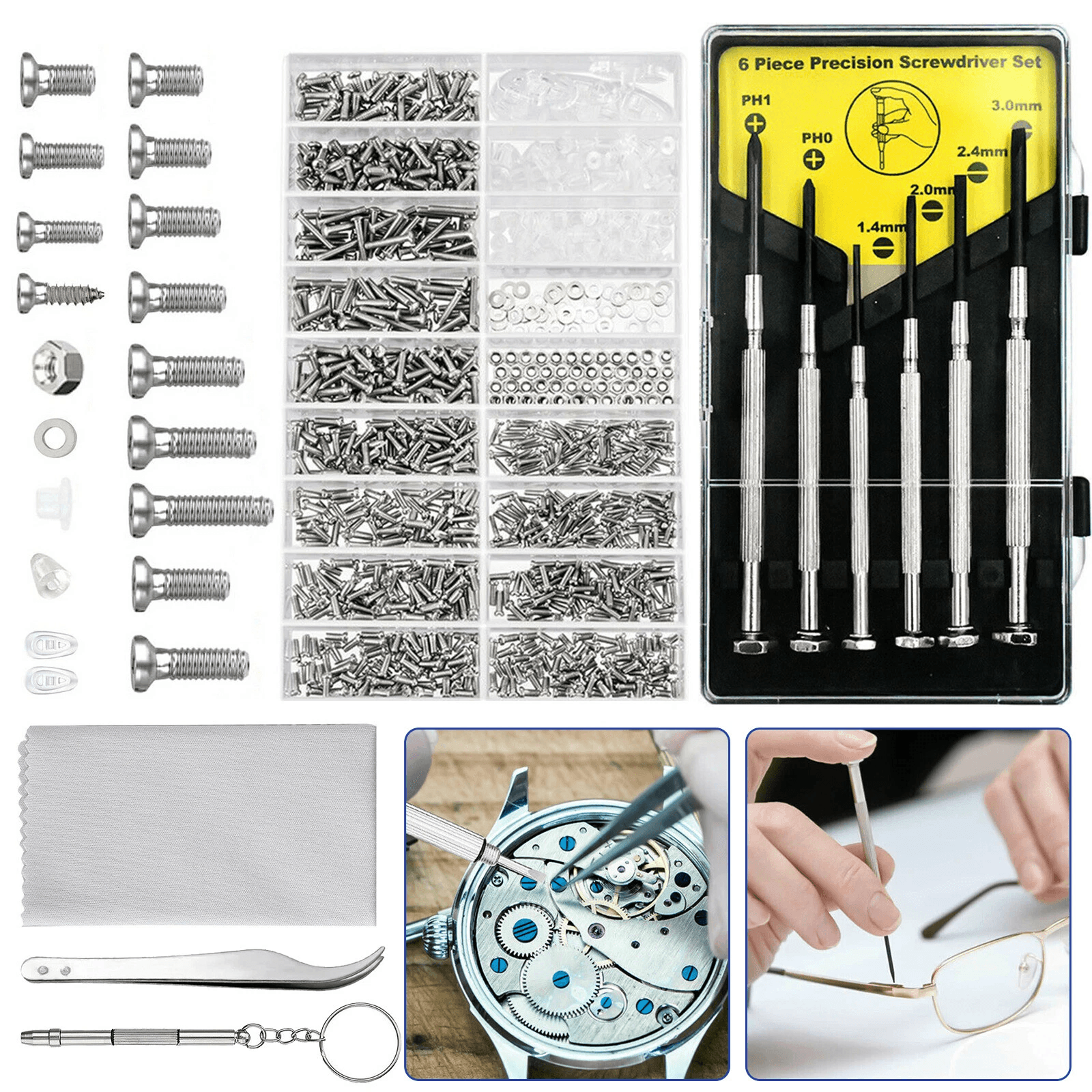 Durable Eye Glasses Watch Repair Tool Kit, Screw Nose Pad Optical Assortment Kits Set with Screwdrivers, Tweezers Tools