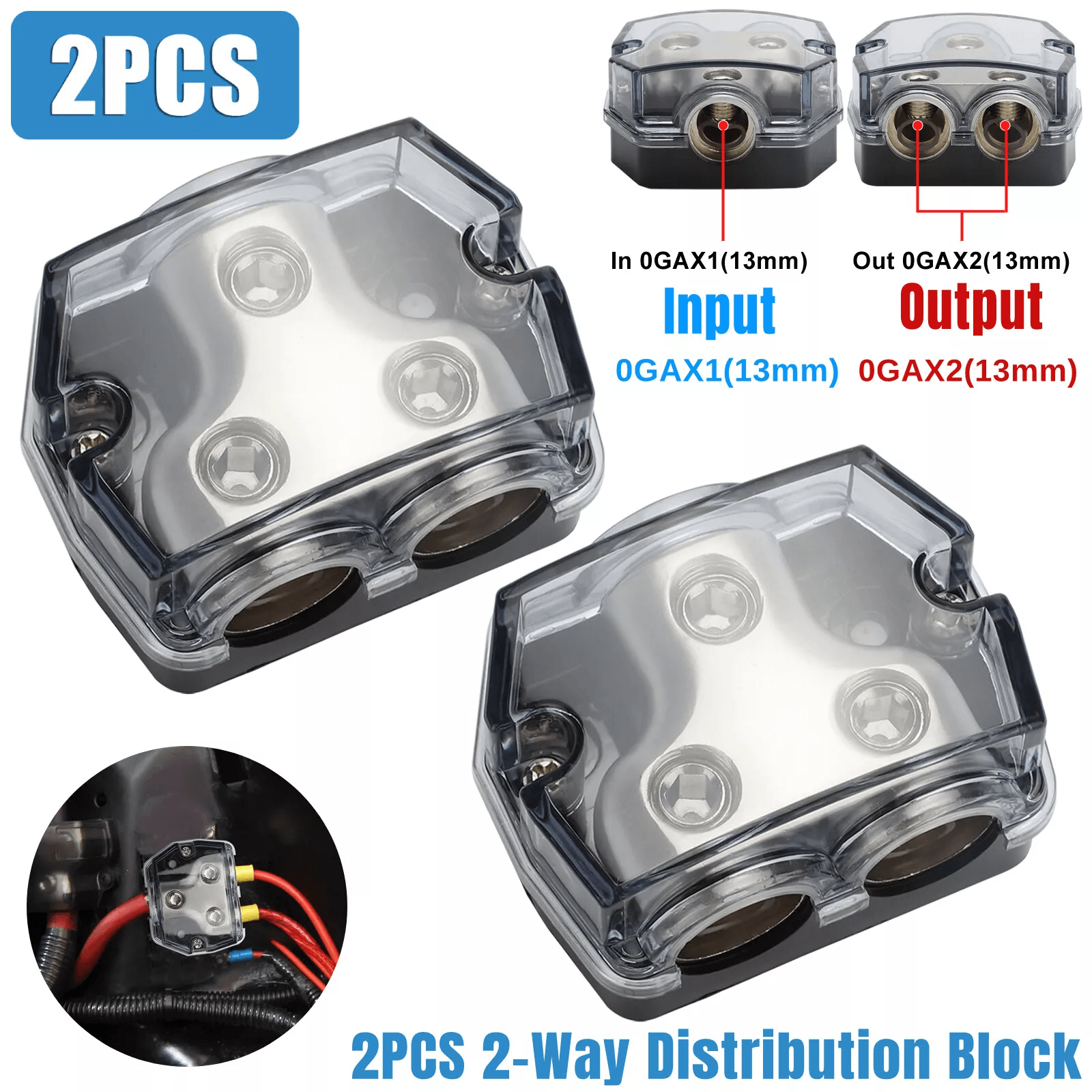 2X 2-Way Distribution Block 0 Gauge In Out Car Audio Amp Power Ground Splitter for Amplifier System