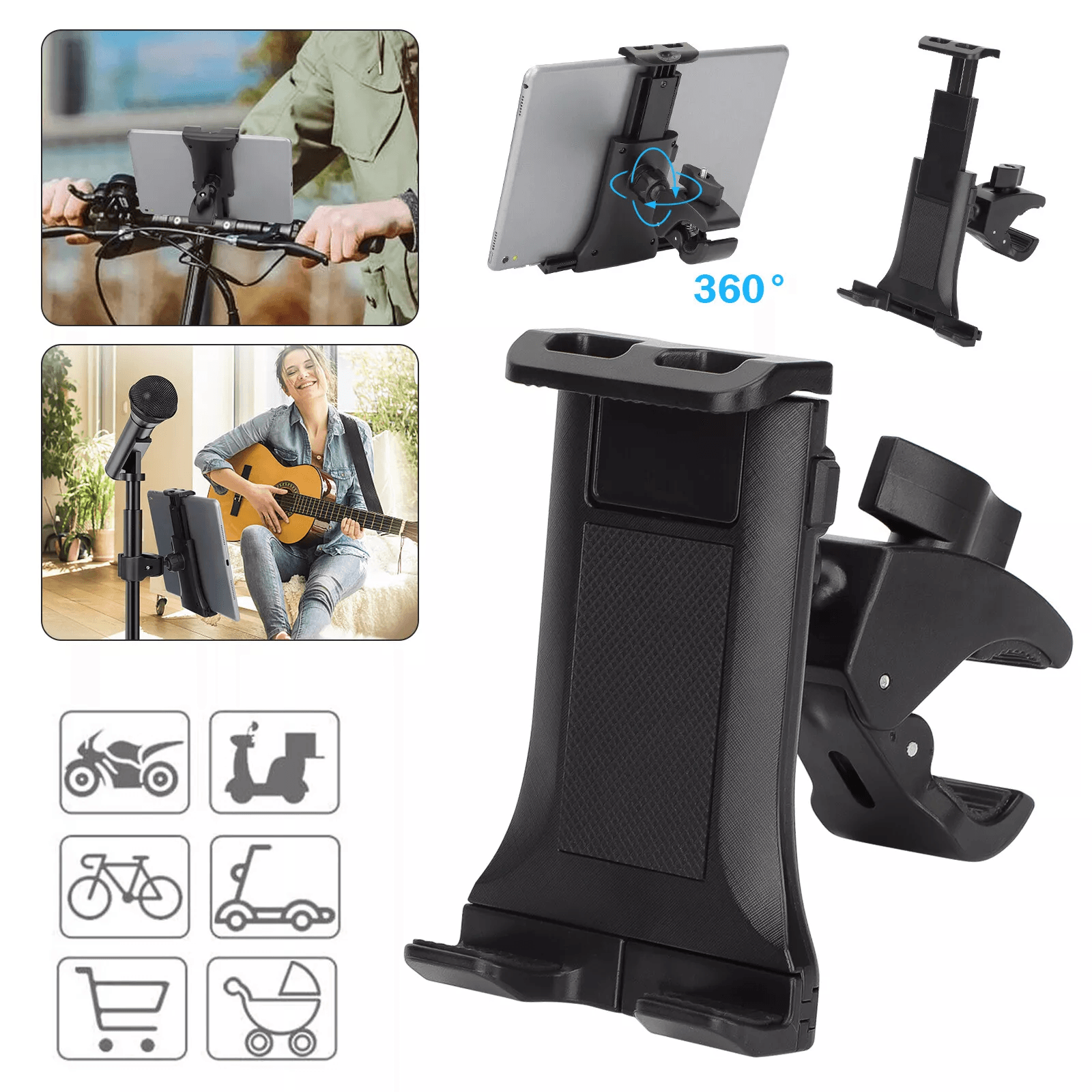 Adjustable Tablet Phone Holder Mount Bracket for Microphone Stand, Bikes, Treadmill, Universal Rotating Clamp
