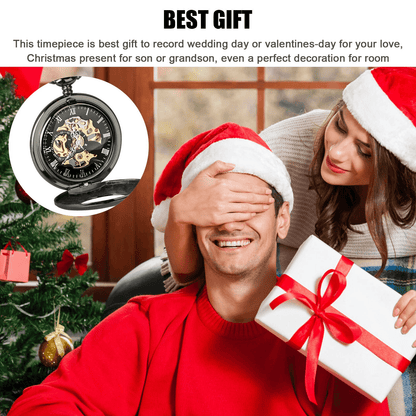 Mens Black Mechanical Pocket Watch  Steampunk Skeleton Design With Retro Chain Luxury Classic Timep 6