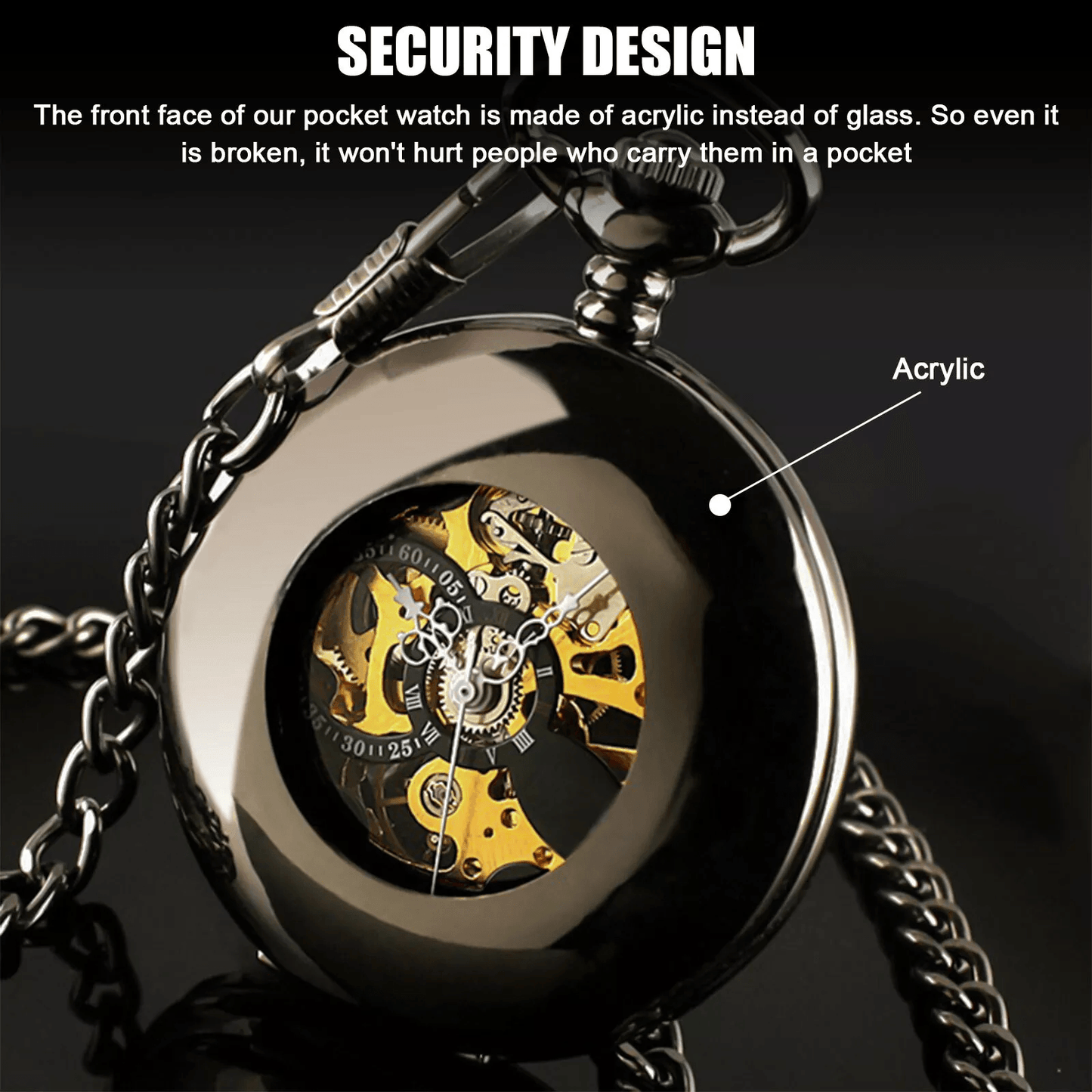Mens Black Mechanical Pocket Watch  Steampunk Skeleton Design With Retro Chain Luxury Classic Timep 3