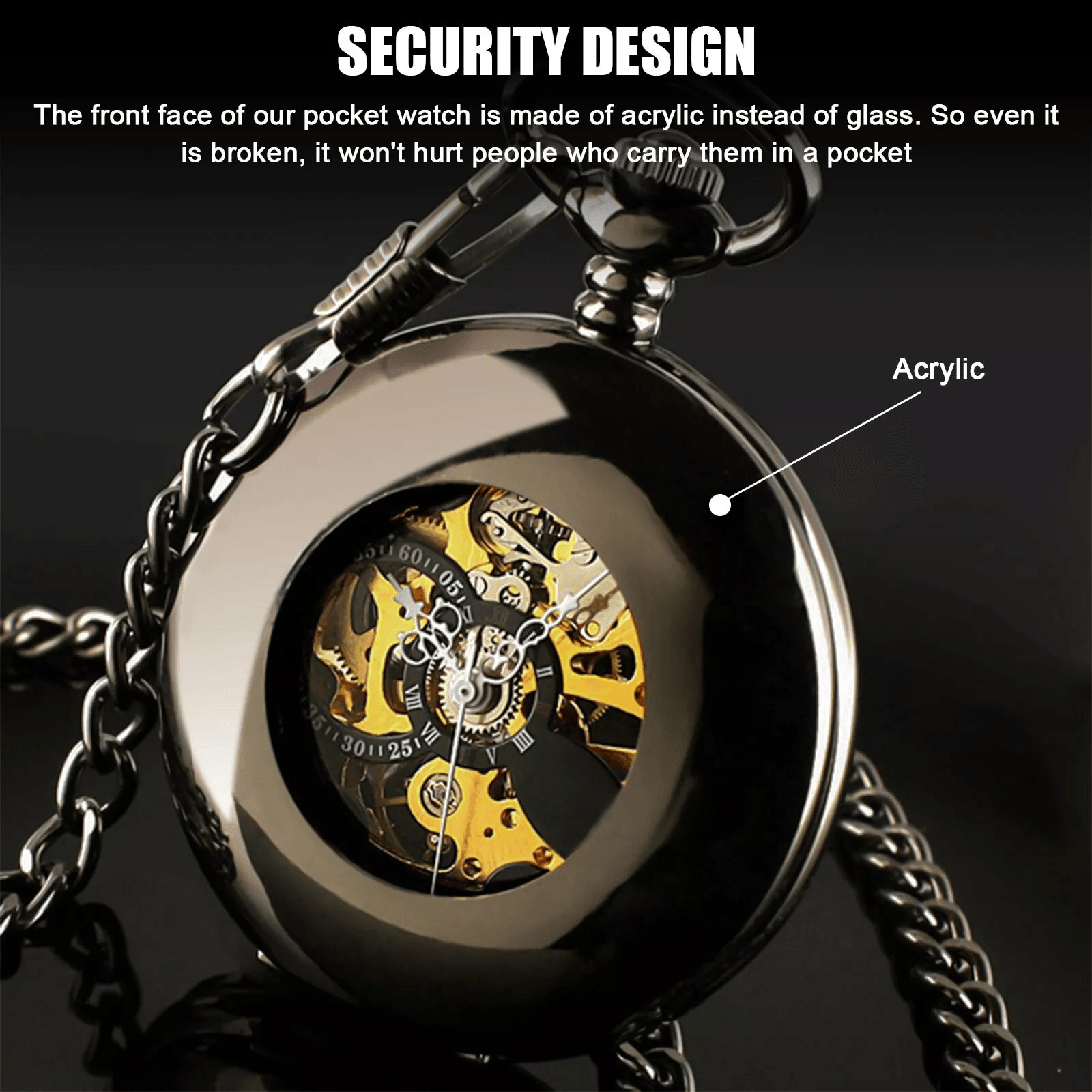 Mens Black Mechanical Pocket Watch  Steampunk Skeleton Design With Retro Chain Luxury Classic Timep 3