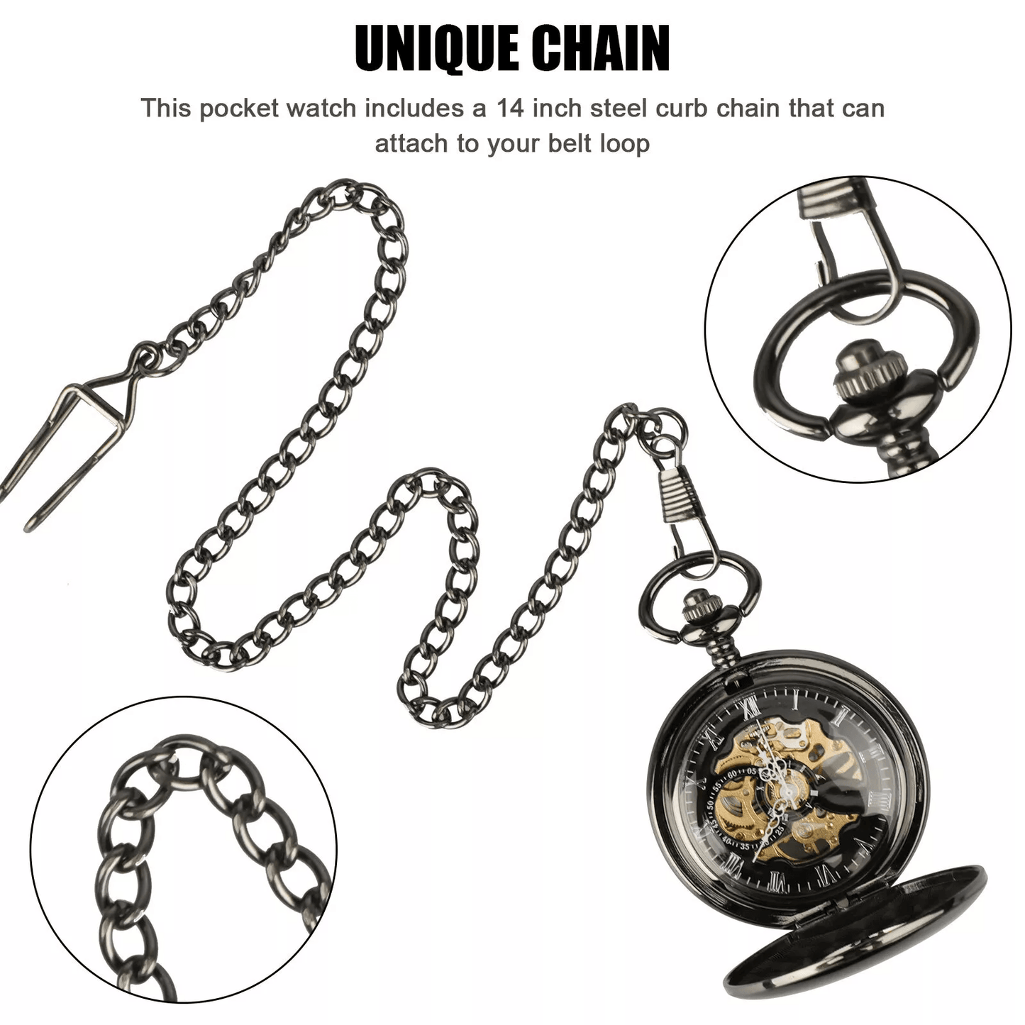 Mens Black Mechanical Pocket Watch  Steampunk Skeleton Design With Retro Chain Luxury Classic Timep 5