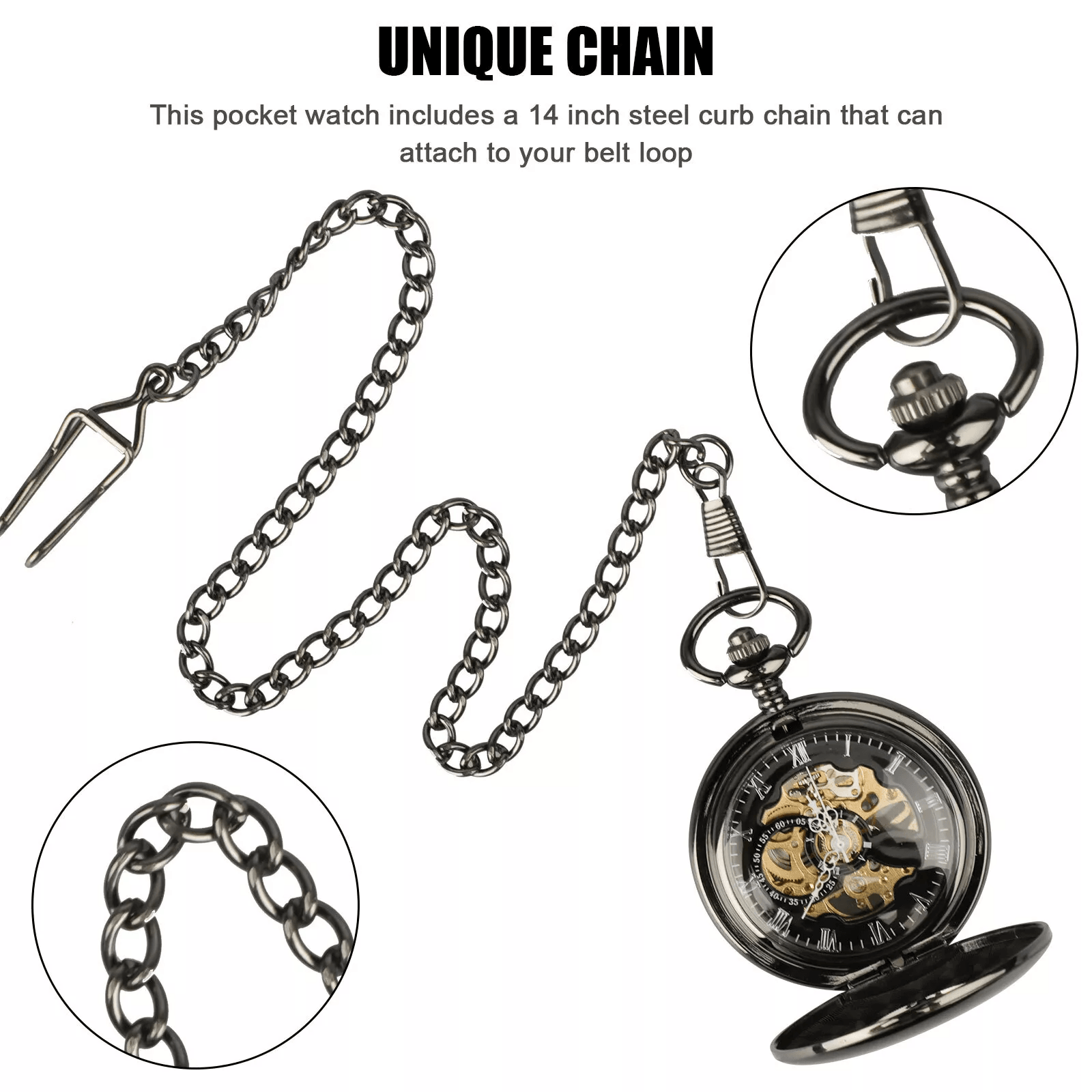 Mens Black Mechanical Pocket Watch  Steampunk Skeleton Design With Retro Chain Luxury Classic Timep 5
