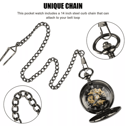 Mens Black Mechanical Pocket Watch  Steampunk Skeleton Design With Retro Chain Luxury Classic Timep 5