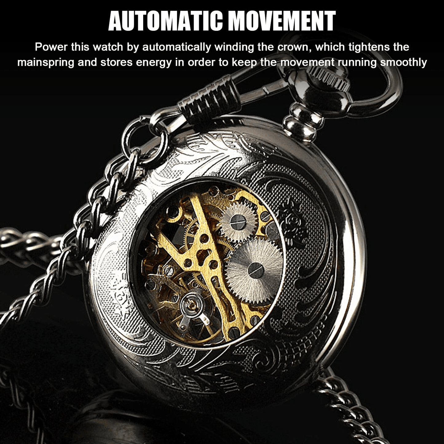 Mens Black Mechanical Pocket Watch  Steampunk Skeleton Design With Retro Chain Luxury Classic Timep 1
