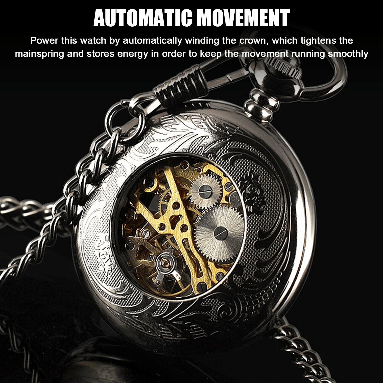 Mens Black Mechanical Pocket Watch  Steampunk Skeleton Design With Retro Chain Luxury Classic Timep 1
