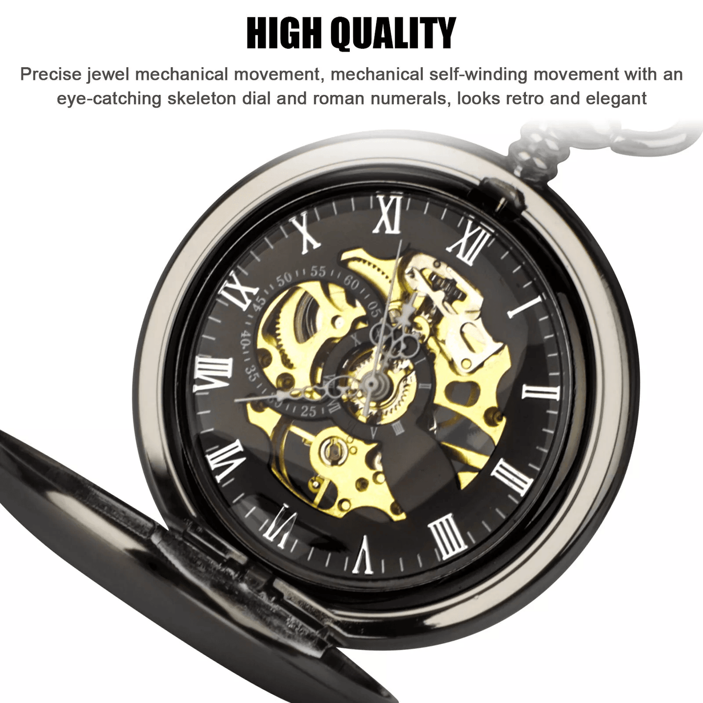 Mens Black Mechanical Pocket Watch  Steampunk Skeleton Design With Retro Chain Luxury Classic Timep 4