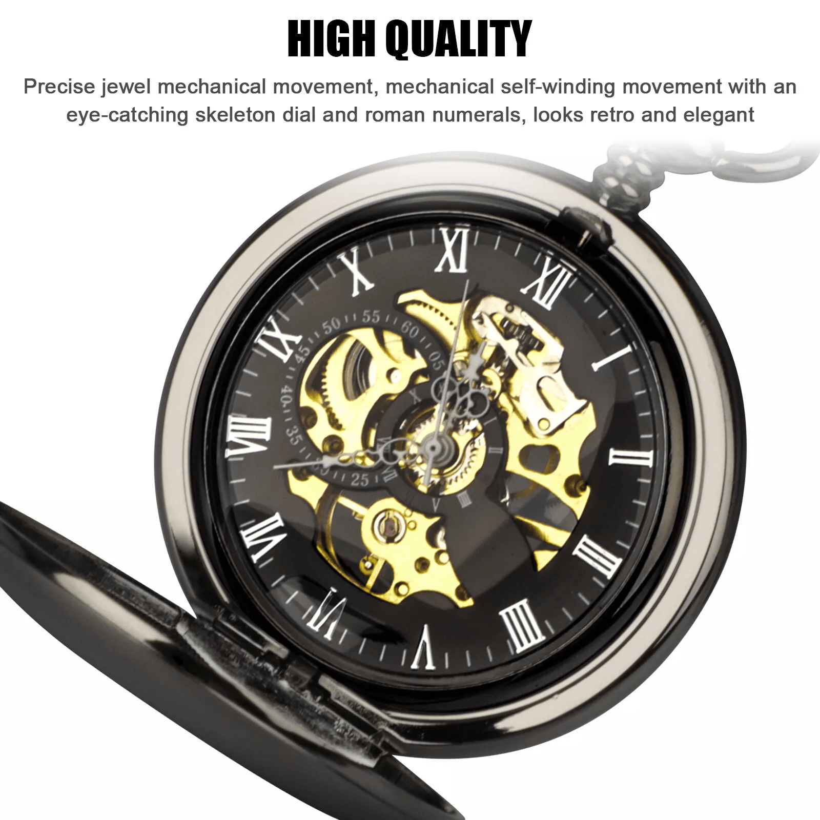 Mens Black Mechanical Pocket Watch  Steampunk Skeleton Design With Retro Chain Luxury Classic Timep 4