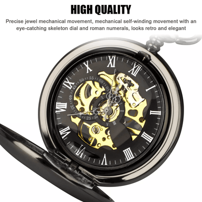 Mens Black Mechanical Pocket Watch  Steampunk Skeleton Design With Retro Chain Luxury Classic Timep 4