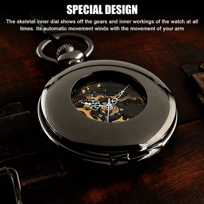 Mens Black Mechanical Pocket Watch  Steampunk Skeleton Design With Retro Chain Luxury Classic Timep 2