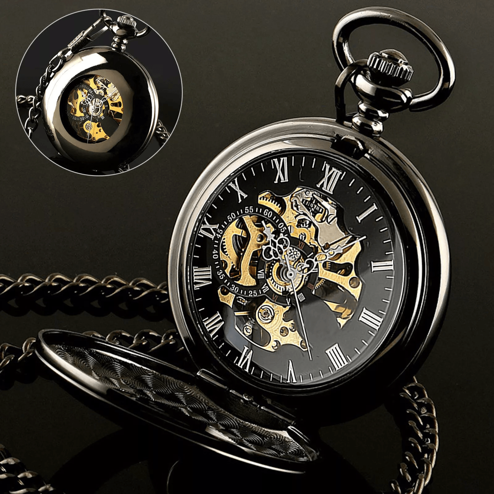Mens Black Mechanical Pocket Watch – Steampunk Skeleton Design with Retro Chain, Luxury Classic Timepiece