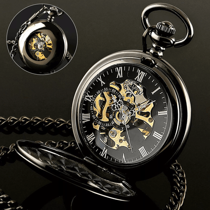 Mens Black Mechanical Pocket Watch – Steampunk Skeleton Design with Retro Chain, Luxury Classic Timepiece